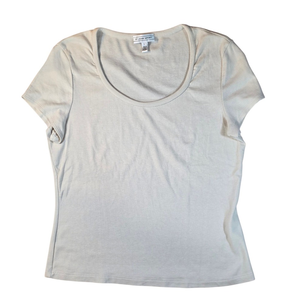 St John Sport Ivory Crew Scoop Neck Short Sleeve Top Size L Logo T-shirt